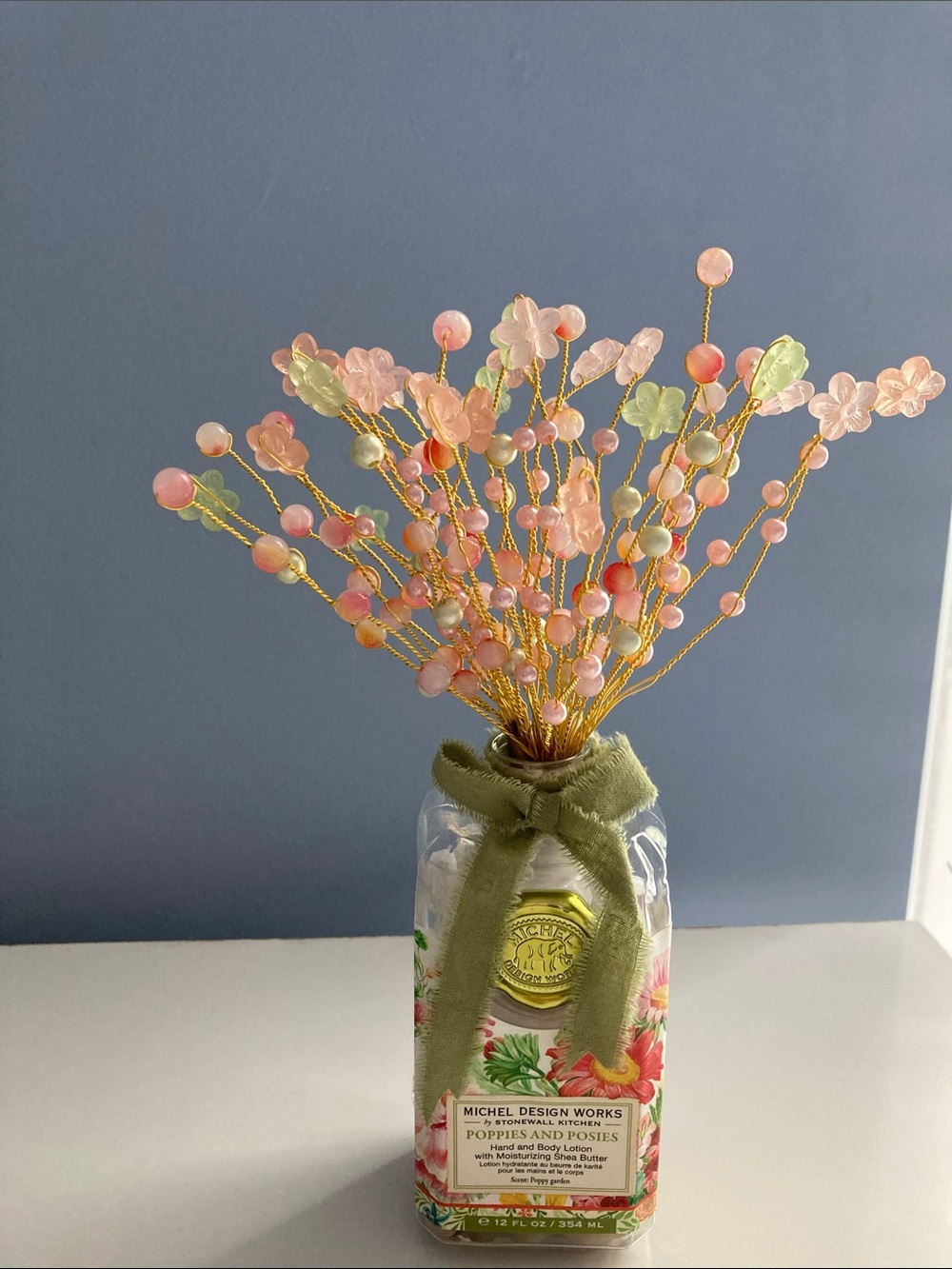 HANDMADE BEADED FLOWER BOUQUET PASTEL MULTICOLOR PEACH GREEN NEW